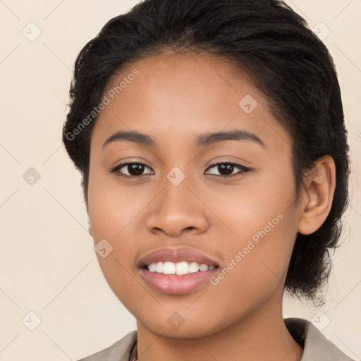 Joyful latino young-adult female with long  brown hair and brown eyes