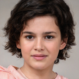 Joyful white child female with medium  brown hair and brown eyes