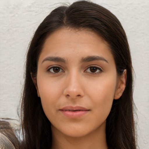 Neutral asian young-adult female with long  brown hair and brown eyes