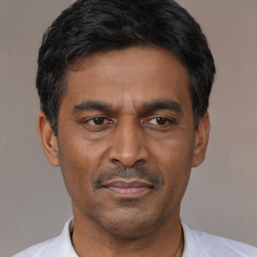 Neutral latino adult male with short  black hair and brown eyes