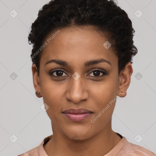 Joyful latino young-adult female with short  black hair and brown eyes