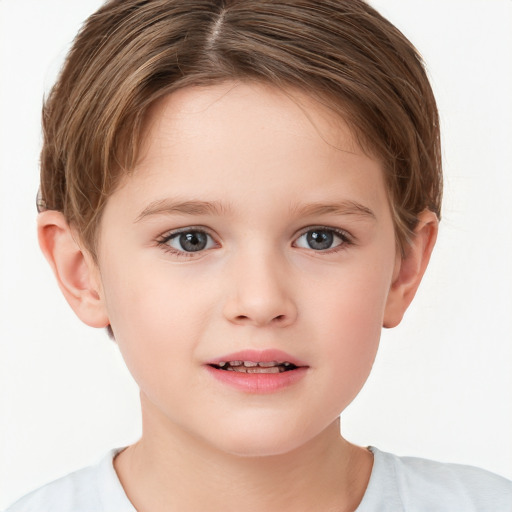 Joyful white child female with short  brown hair and brown eyes