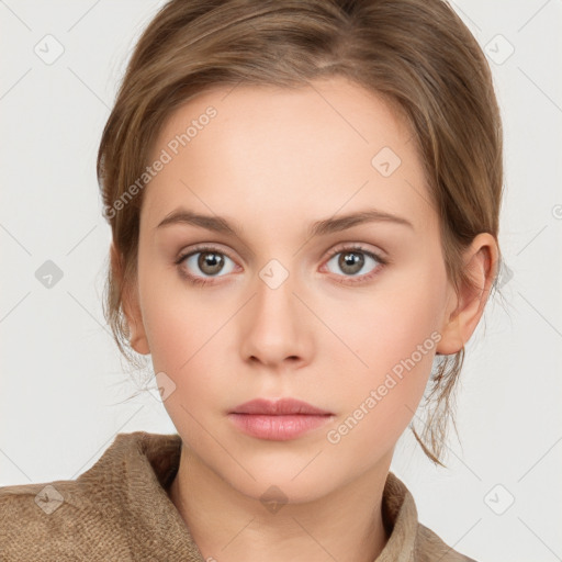 Neutral white young-adult female with medium  brown hair and grey eyes