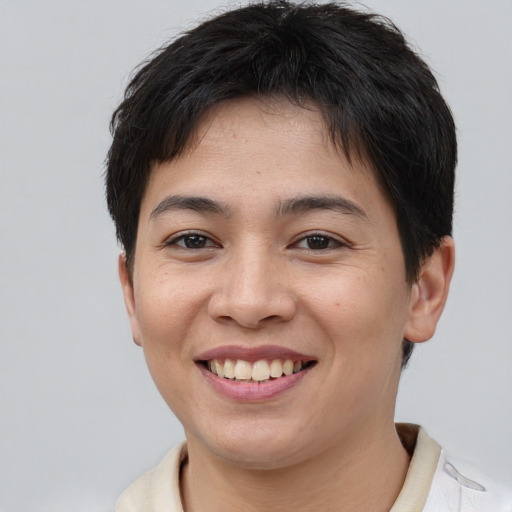 Joyful asian young-adult female with short  brown hair and brown eyes