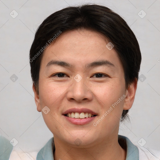 Joyful asian young-adult female with short  brown hair and brown eyes