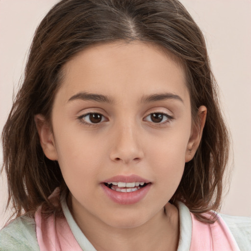 Joyful white child female with medium  brown hair and brown eyes