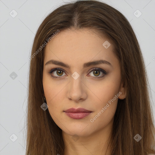 Neutral white young-adult female with long  brown hair and brown eyes