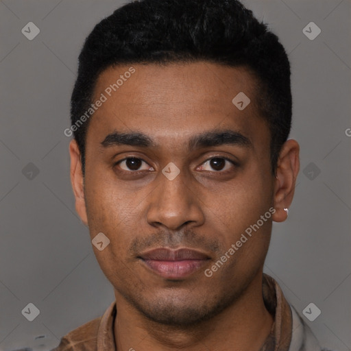 Neutral black young-adult male with short  black hair and brown eyes