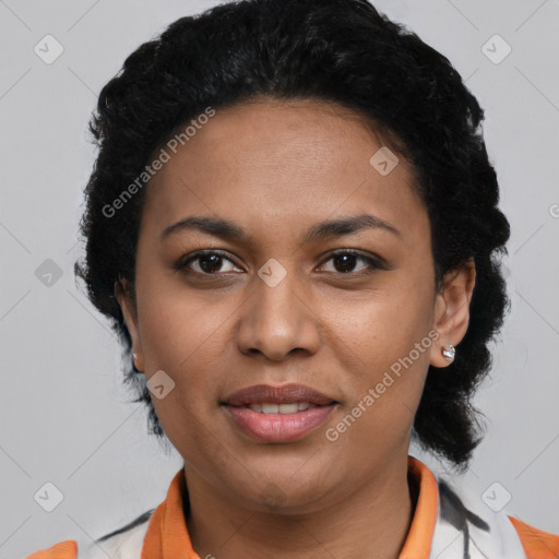 Joyful latino young-adult female with short  black hair and brown eyes
