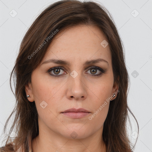 Neutral white young-adult female with long  brown hair and brown eyes