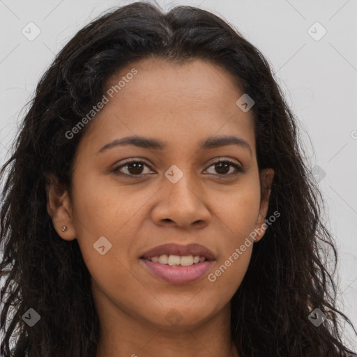 Joyful latino young-adult female with long  brown hair and brown eyes