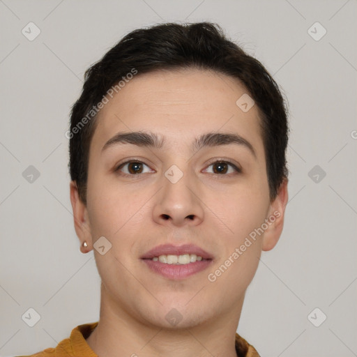 Joyful white young-adult female with short  brown hair and brown eyes