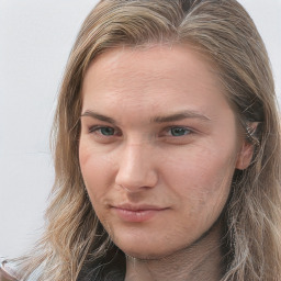 Neutral white young-adult female with long  brown hair and grey eyes