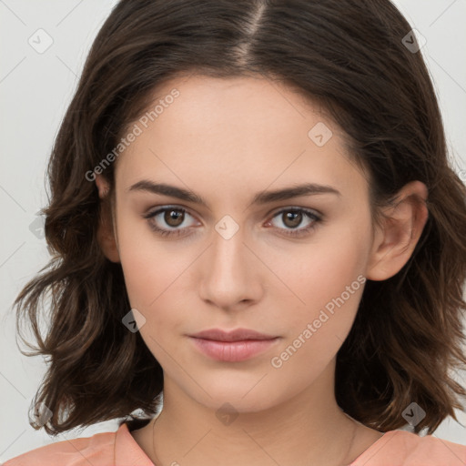 Neutral white young-adult female with medium  brown hair and brown eyes