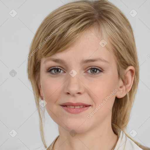 Joyful white young-adult female with medium  brown hair and grey eyes