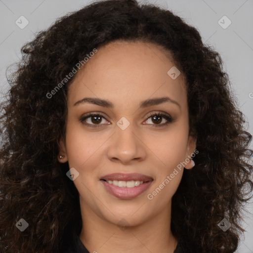 Joyful latino young-adult female with long  brown hair and brown eyes