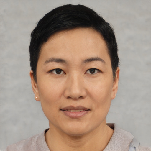 Neutral asian young-adult female with short  black hair and brown eyes
