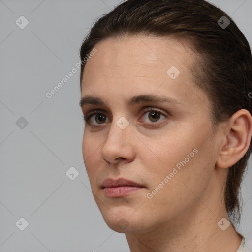 Neutral white young-adult female with short  brown hair and brown eyes