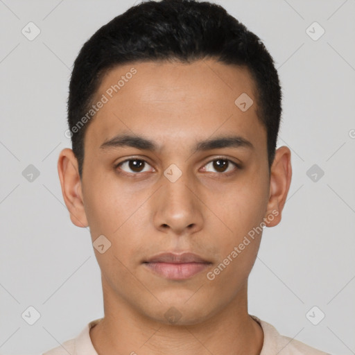 Neutral latino young-adult male with short  black hair and brown eyes