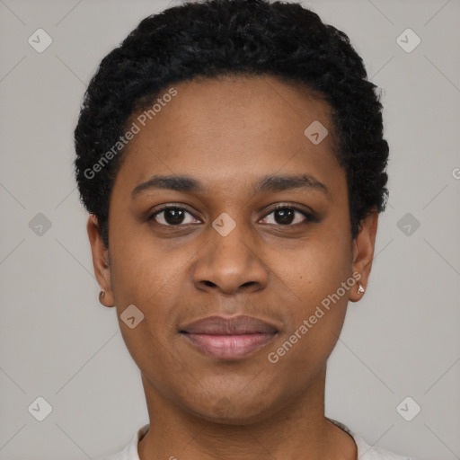 Joyful black young-adult female with short  black hair and brown eyes