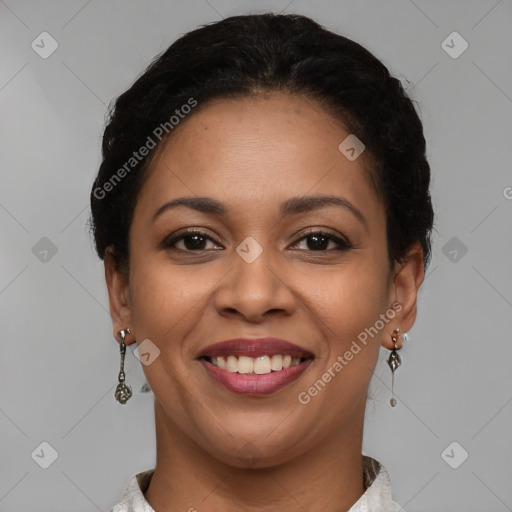 Joyful latino young-adult female with short  brown hair and brown eyes