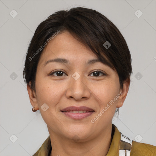 Joyful asian young-adult female with short  brown hair and brown eyes