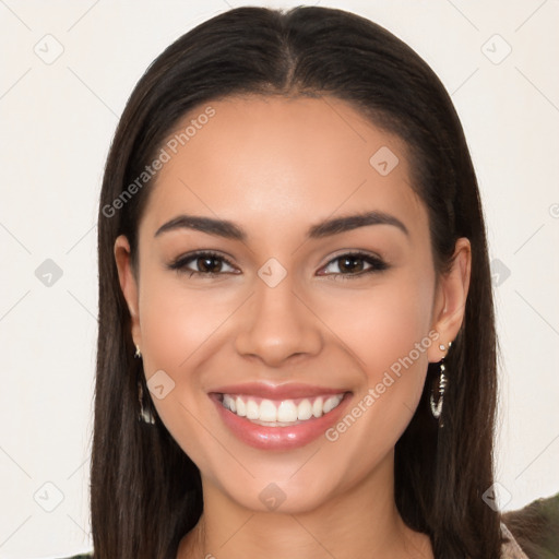 Joyful white young-adult female with long  brown hair and brown eyes