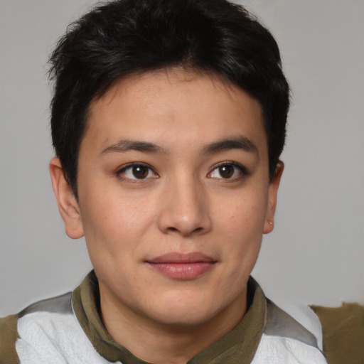 Joyful asian young-adult female with short  brown hair and brown eyes