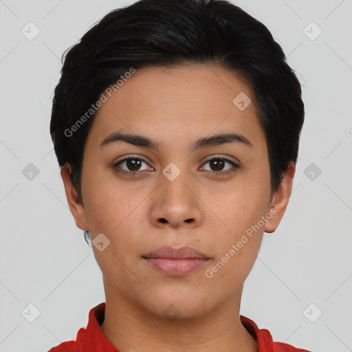 Neutral asian young-adult female with short  black hair and brown eyes