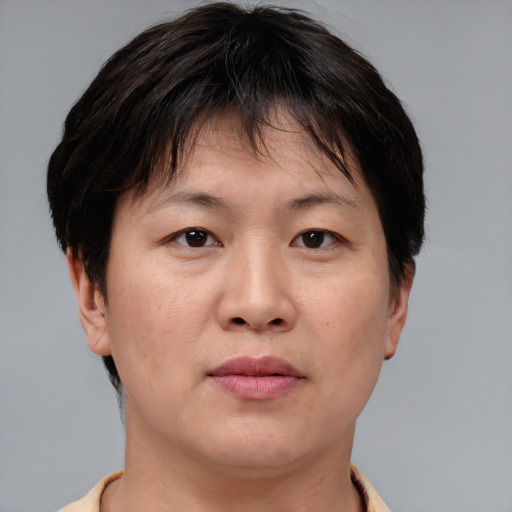 Neutral asian adult female with short  brown hair and brown eyes