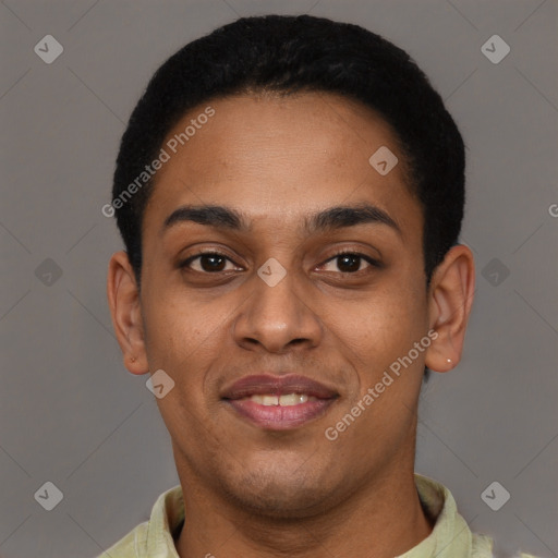 Joyful black young-adult male with short  black hair and brown eyes