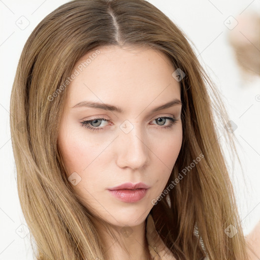 Neutral white young-adult female with long  brown hair and brown eyes
