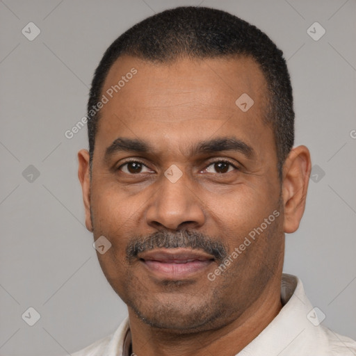 Joyful latino adult male with short  black hair and brown eyes