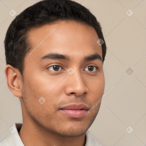 Neutral latino young-adult male with short  brown hair and brown eyes