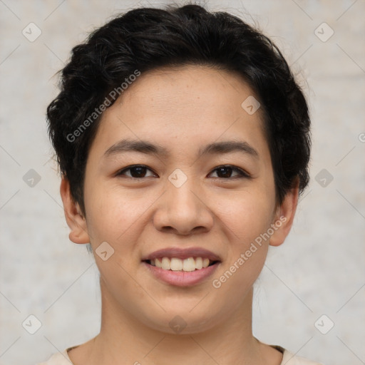 Joyful asian young-adult female with short  black hair and brown eyes