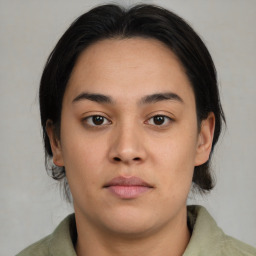 Neutral asian young-adult female with medium  black hair and brown eyes