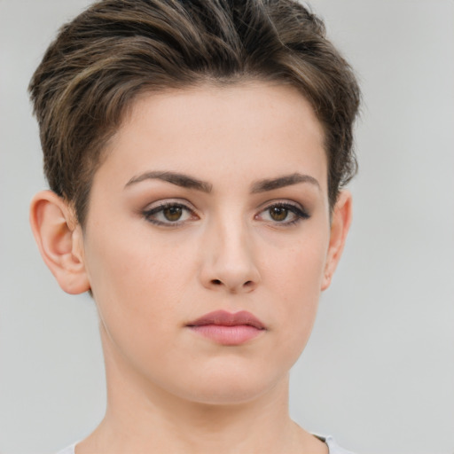 Neutral white young-adult female with short  brown hair and brown eyes