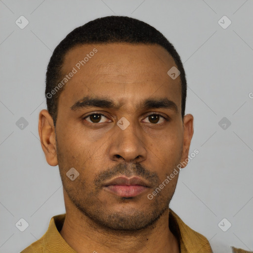Neutral latino young-adult male with short  black hair and brown eyes