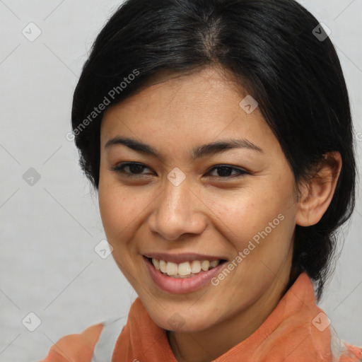 Joyful latino young-adult female with medium  brown hair and brown eyes