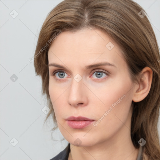 Neutral white young-adult female with long  brown hair and grey eyes