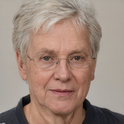 Neutral white middle-aged female with short  gray hair and blue eyes