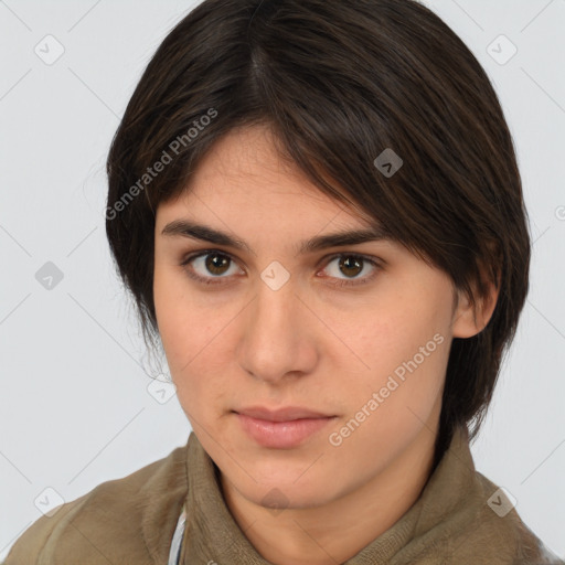 Neutral white young-adult female with medium  brown hair and brown eyes