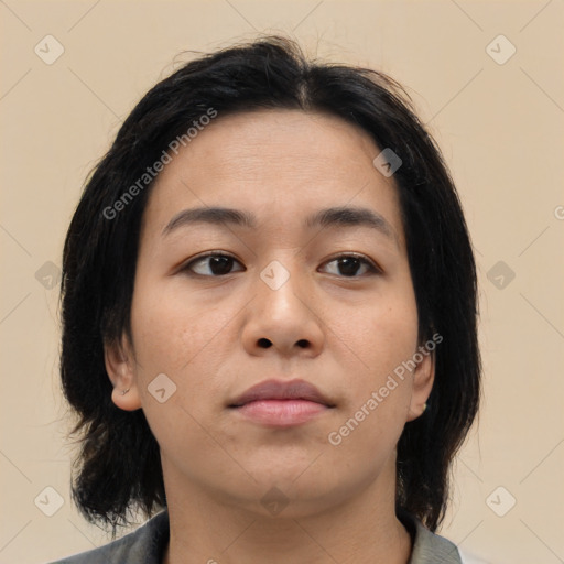 Neutral asian young-adult female with medium  brown hair and brown eyes