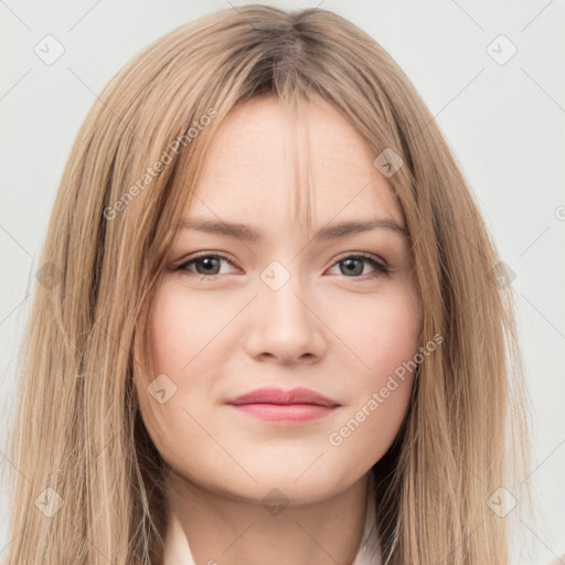 Neutral white young-adult female with long  brown hair and brown eyes