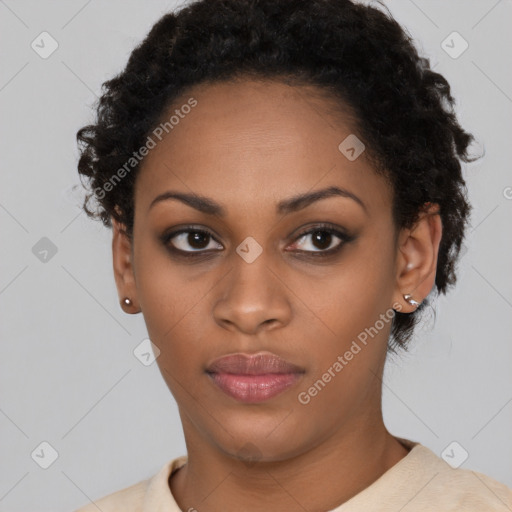 Neutral latino young-adult female with short  black hair and brown eyes