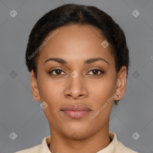 Joyful latino young-adult female with short  brown hair and brown eyes