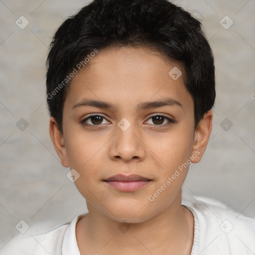 Joyful white child female with short  brown hair and brown eyes