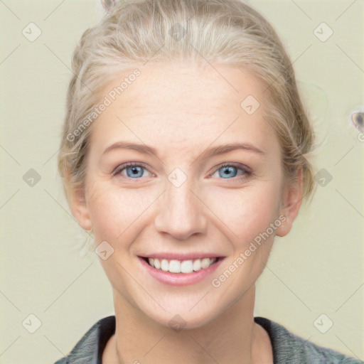 Joyful white young-adult female with medium  brown hair and blue eyes