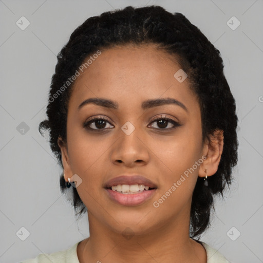 Joyful latino young-adult female with medium  black hair and brown eyes