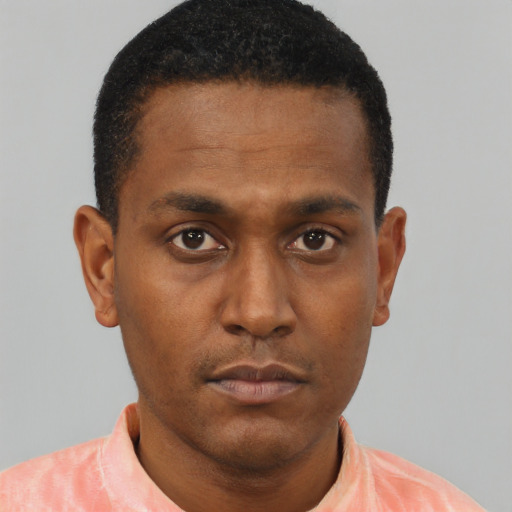Neutral black young-adult male with short  black hair and brown eyes